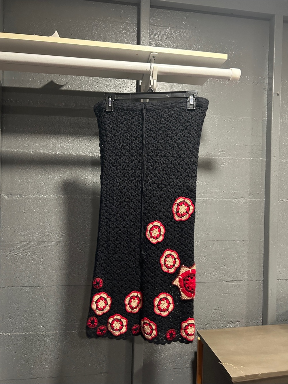 Morgan de Toi Black Crochet Maxi Skirt with Red and Cream Floral Motifs